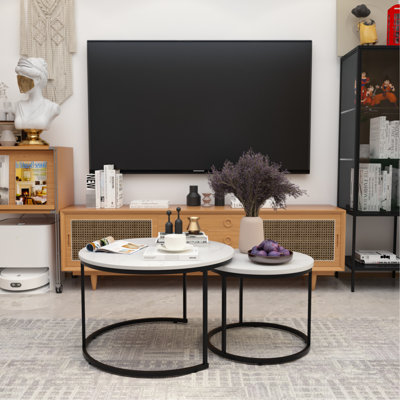 Nesting Coffee Table 2Pcs, Round With Wood Marble Design Top And Strong Metal Frame, For Living Room Bedroom Balcony Yard, Duo , Marble Pattern