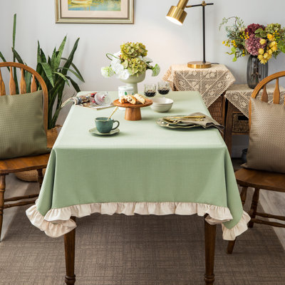 Waffle Weave Textured Rectangle/Oblong Tablecloth With Cotton Retro Ruffle Trim Solid For Farmhouse Decor