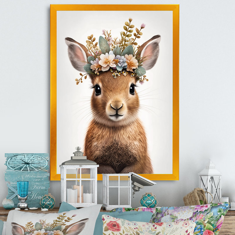 Adorable bébé lapin avec couronne florale I - reproduction d'art sur toile, H 32 po x l 16 po x P 1 po
