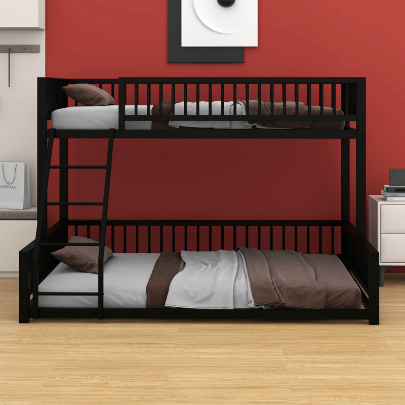 Floor Bunk Bed Frame With Ladder – Safety Guardrails Equipped, Simple & Easy To Assemble, Twin XL Over Queen, Black