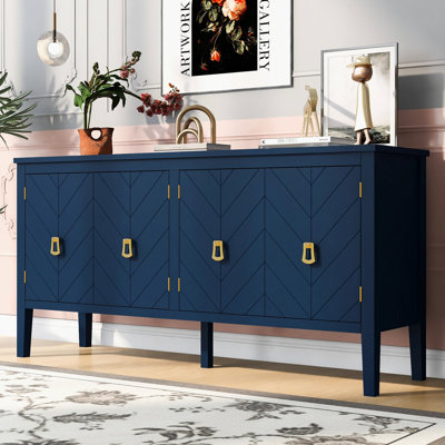 Buffet bleu marine avec motifs géométriques captivants et poignées en métal rétro élégance intemporelle en bleu, motifs, poignées rétro,