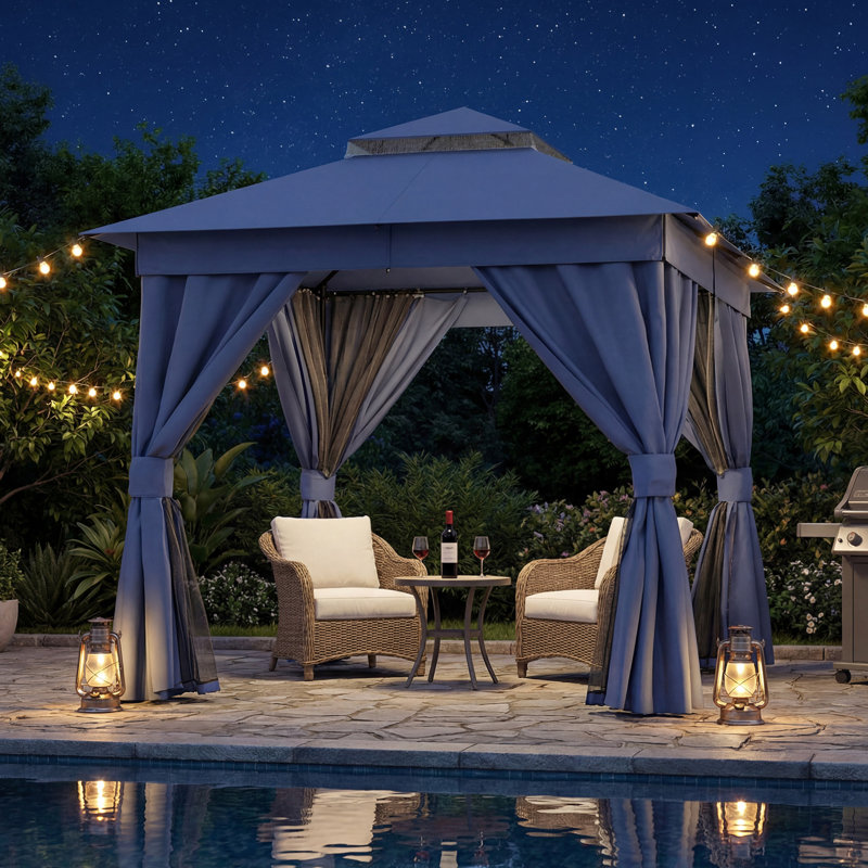Yardgrace 8'X8' Soft-top Double-Roofed Steel Patio Gazebo, Navy