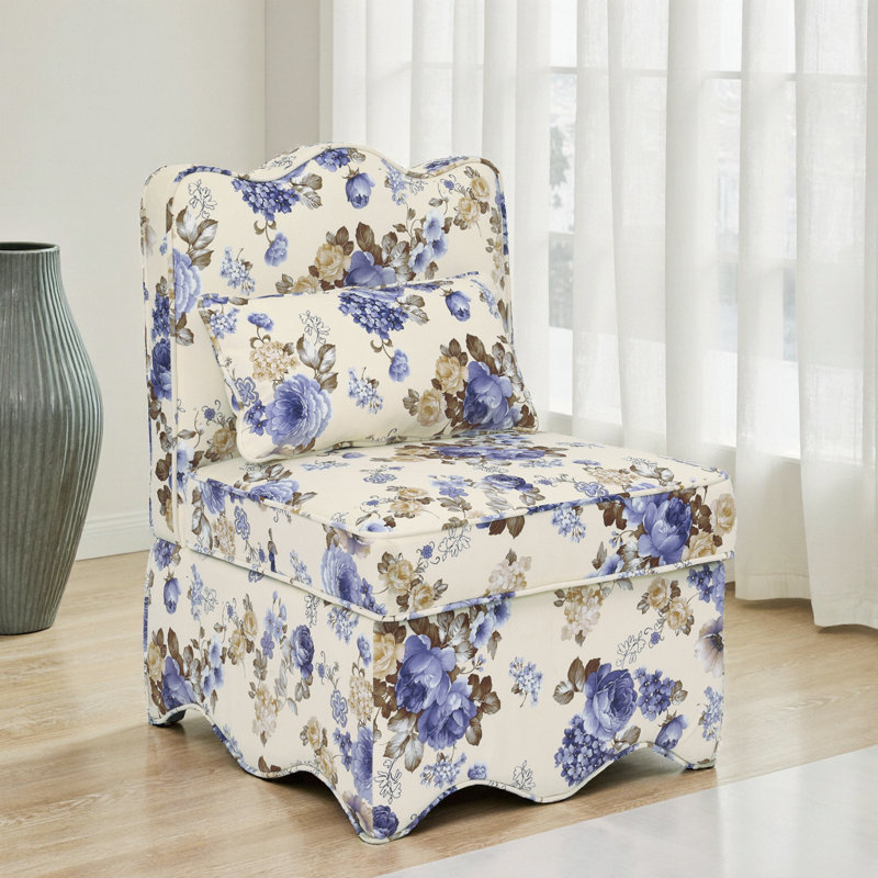 Chaise de salle à manger en flanelle bleue avec motif floral - sans accoudoirs avec coussin lombaire, rembourrée de mousse pour plus de confort