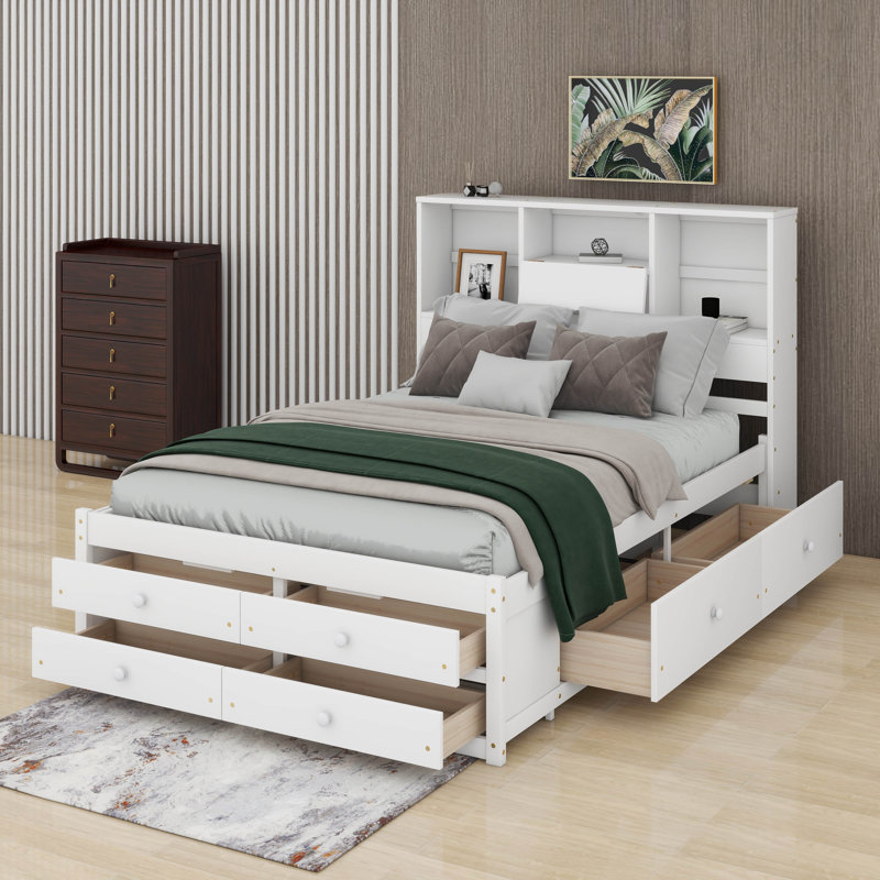 Grand lit plateforme avec tiroirs, Blanc, Grand lit