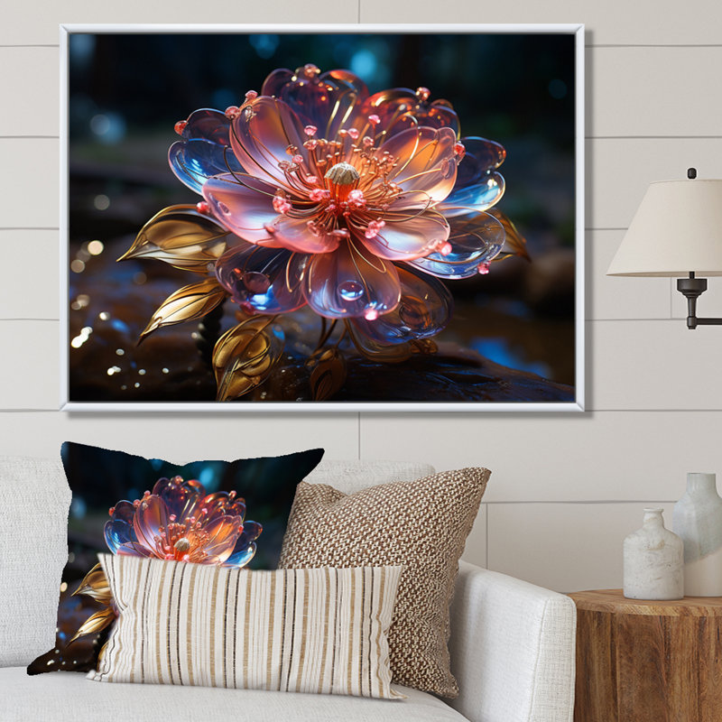Fleurs de cristal rose sur toile, Cadre flottant blanc, H 30 po x l 40 po x P 1,5 po