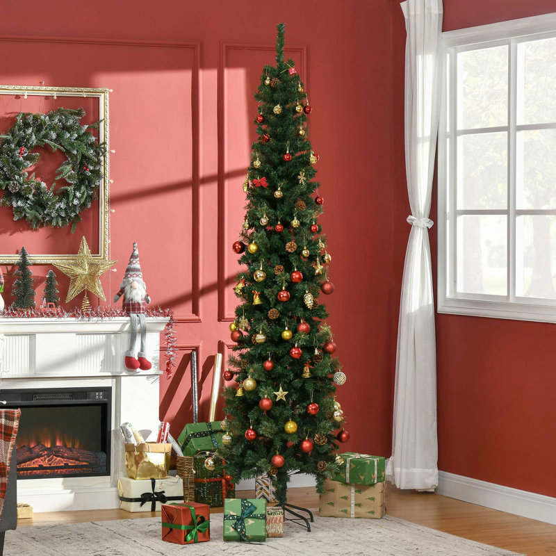 Arbre de Noël au crayon 7,5 pi, aiguilles de pin minces avec branches réalistes, pommes de pin, base en métal