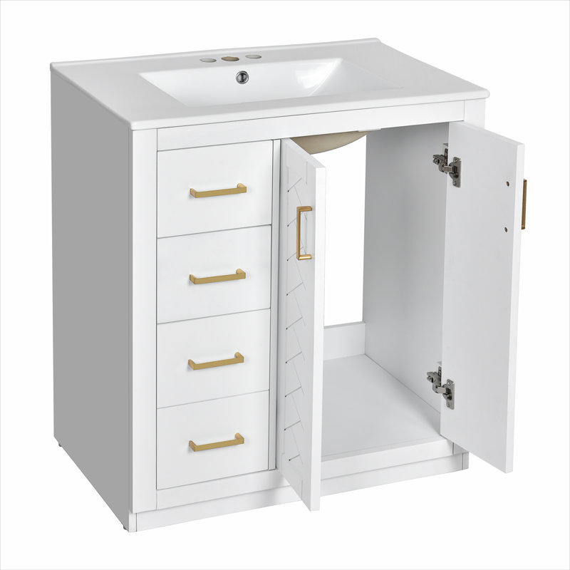 Meuble-lavabo autoportant de 30 po en blanc avec lavabo en céramique, structure en bois massif, armoire de rangement avec 3 tiroirs et portes à fermeture douce (sans robinet)