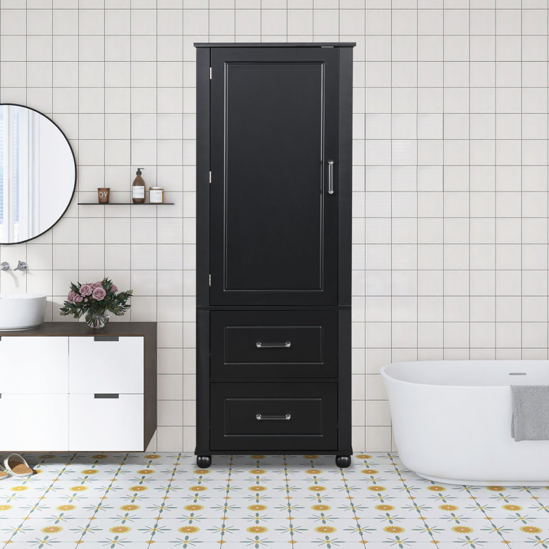 Tall Freestanding Bathroom Storage Cabinet With 2 Drawers & Adjustable Shelf, Painted Mdf Organizer, Matte Black