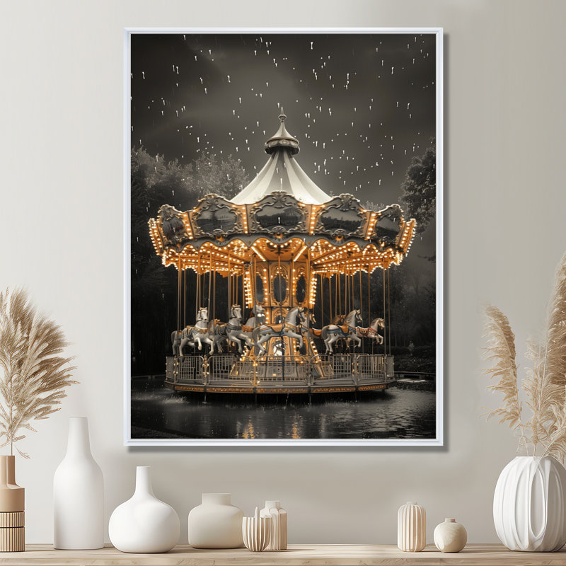 Carrousel monochrome jaune et gris d'été - Carrousel, impression d'art mural, Toile encadrée flottée blanche