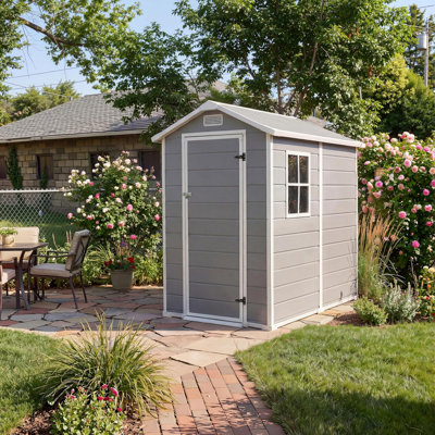 4x6 FT Waterproof Plastic Outdoor Storage Shed with Floor, Window, Lockable Door, Two Vents and Sloped Roof for Backyard Tools