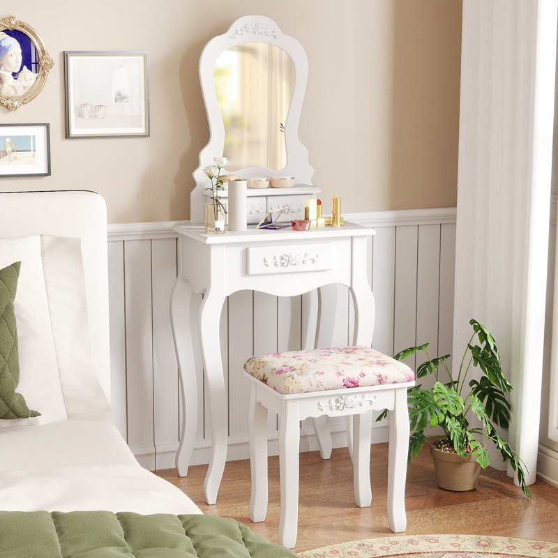 Ensemble coiffeuse avec tabouret et miroir Cindy, Blanc