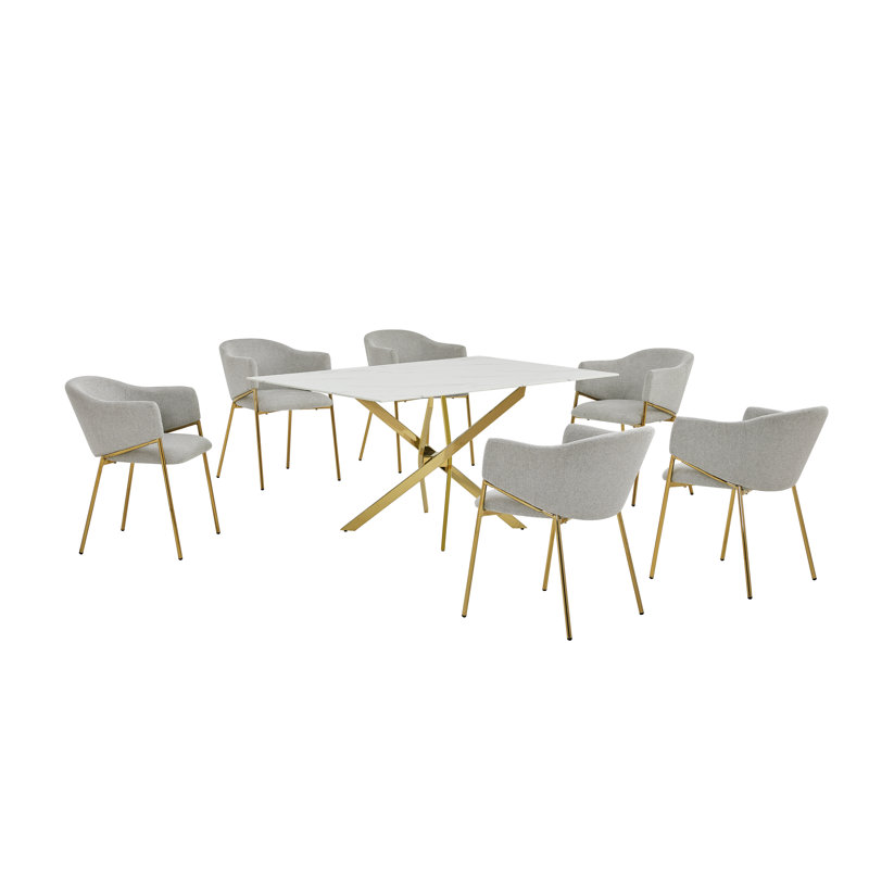 Rectangular Glass With Marble Wrap Dining Set With Linen Chairs, 7, Gray/Gold