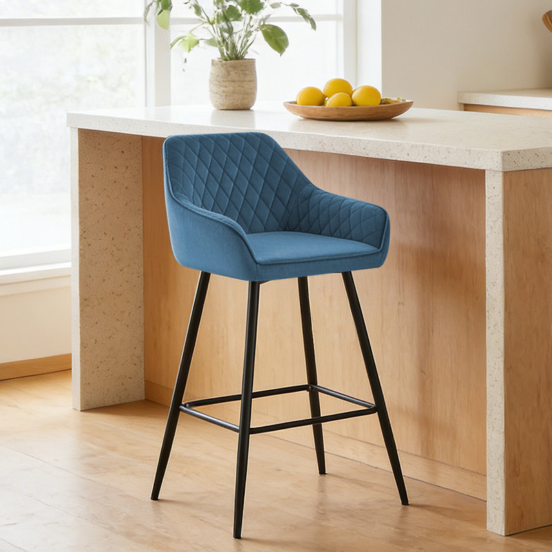 Upholstered Bar Stools  with Armrests & Diamond Tufting , Velvet, Teal