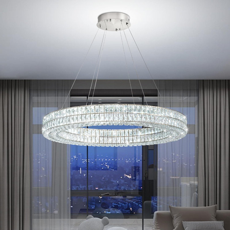 Lustre en cristal moderne à DEL avec anneaux de cristal à intensité variable avec cristaux K9 pour salle à manger, salon, chambre à coucher