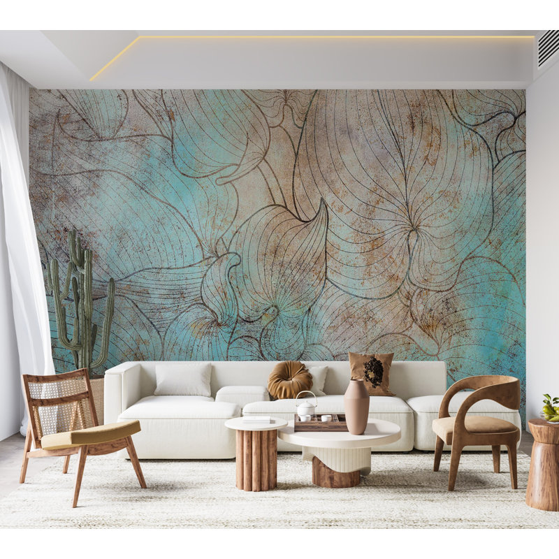 Murale botanique pelez et collez - Feuilles en bleu, L 82 po x l 115 po