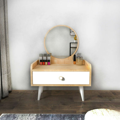 Table de maquillage élégante avec miroir, blanc et saphir, 23,6 po x 16,0 po x 35,4 po | 100% panneau de particules enduit de mélamine, épaisseur: 0,7 pouce | Conception élégante et fonctionnelle pour les chambres à coucher modernes et les espaces 