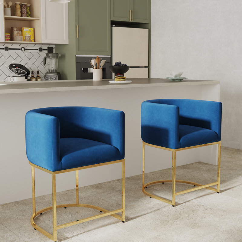 Tabourets de bar Shalon, Velours bleu / cadre doré, Tabouret de bar (siège d'une hauteur de 24 po)