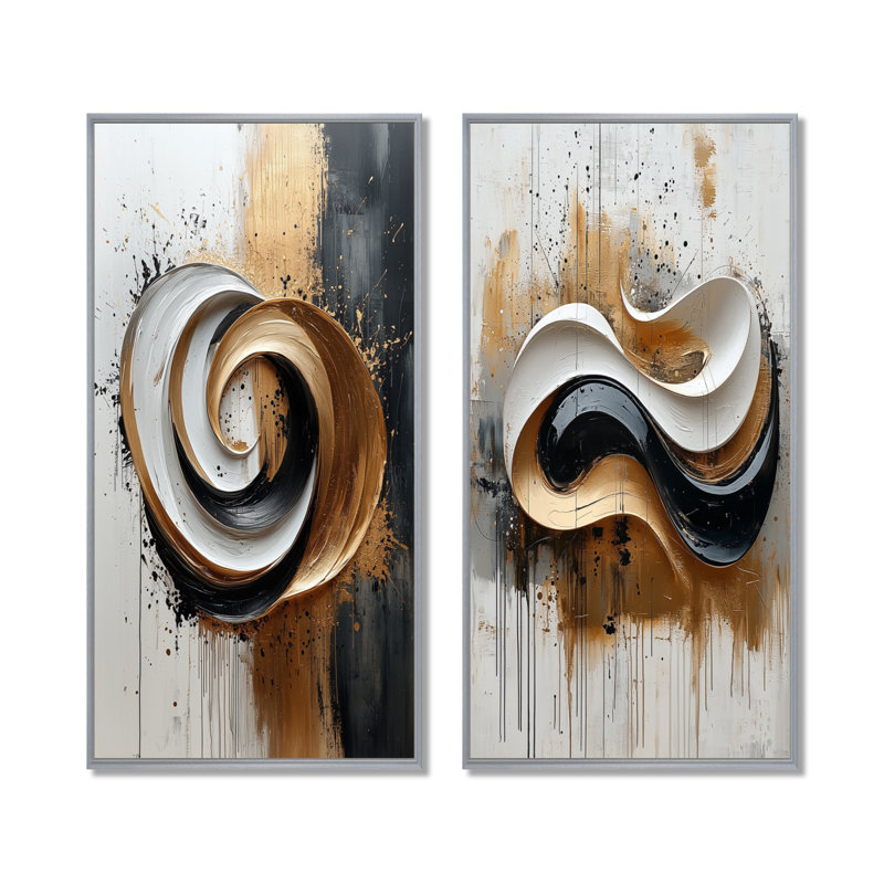 Encre noire et blanche Organic Fusion I - formes abstraites, ensemble de 2 pièces d'art mural, H 40 po x l 40 po