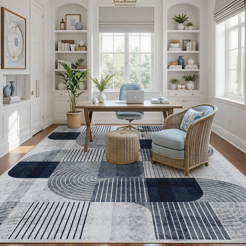 Tapis de salon lavable de 2,4 x 3 m (8 x 10 pi) - Tapis antidérapant moderne, Gris-bleu, Rectangle 8' x 10'