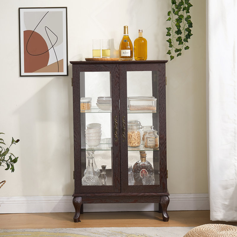 Exquisite 2 Doors Curio Cabinet With Tempered Glass, Mirrored Back, Adjustable Shelves And Light For Showcasing Precious Items In Style