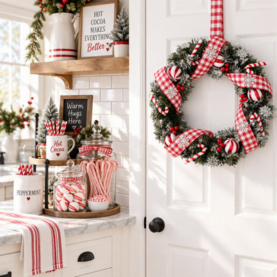 Guirlande de canne de Noël de 50 cm avec ruban à carreaux rouge, flocons de neige scintillants et ornements de menthe poivrée pour porte d'entrée, manteau de cheminée et décoration murale