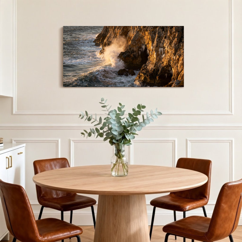 Paysage et nature: les vagues de l'océan se brisent contre une falaise rocheuse, H 16 po x l 32 po