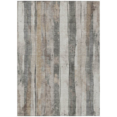 10' X 14' Beige And Gray Striped Washable Indoor Outdoor Area Rug
