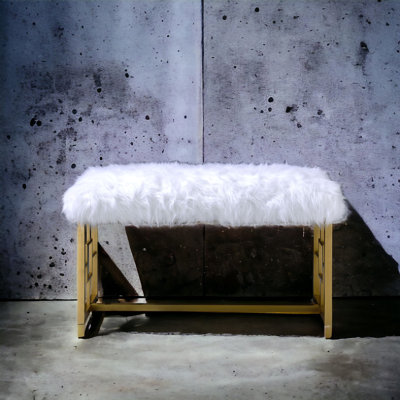 White Faux Fur & Gold Finish Bench
