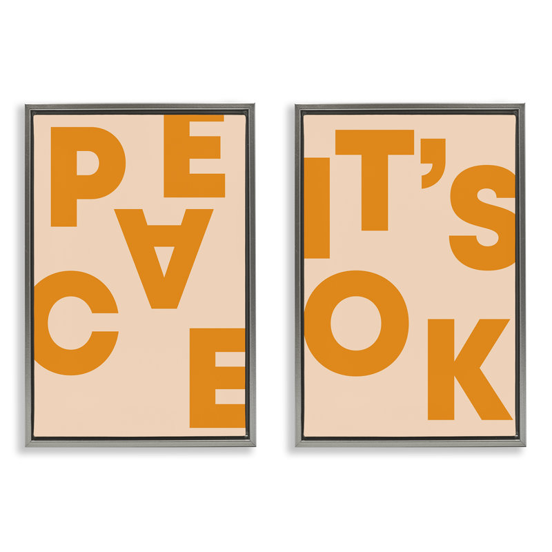 Peace It's Ok Orange  2 PC Gray Framed Floater Canvas Set by Incado, 31" H x 21" W, Luster Gray Floater Frame