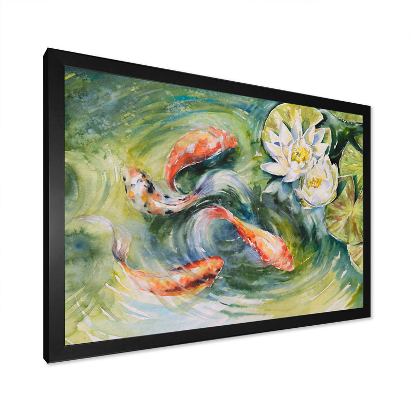 " Colourful Fishes Swimming In Pond ", Black Picture Framed Canvas, 8" H x 12" W x 1" D