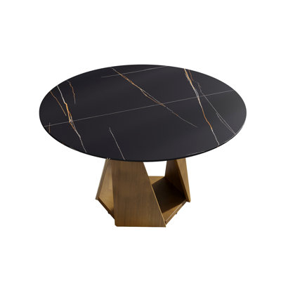 53" Round Marble Dining Table With Bronze Iron Metal Base, Artificial Marble For 6 People, Dining Room/Living Room Kitchen Dining Table (Dining Table Only)