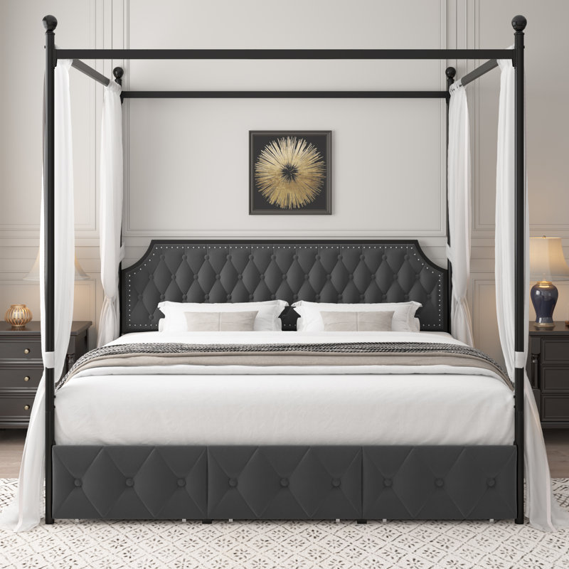 Artevious Upholstered Metal Canopy Storage Bed, King, Dark Gray