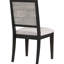 Deux chaises de salle à manger d'appoint, fini noir, revêtement gris, style contemporain, sur un piètement en bois.