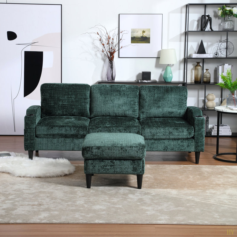 Canapé pour trois personnes, structure en bois massif, tissu chenille, poche latérale, avec deux porte-gobelets, repose-pieds avec rangement et canapé de salon Canapé modulaire confortable