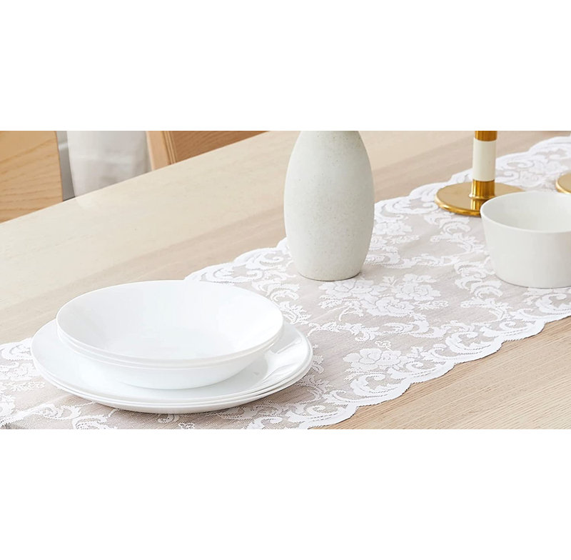 Chemin de table en dentelle avec 2 pampilles, Blanc, 14" x 72"