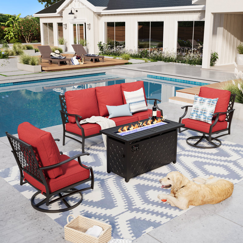 Ensemble de conversation de patio pour 5 personnes Asfand avec chaises longues pivotantes et table de foyer, Red