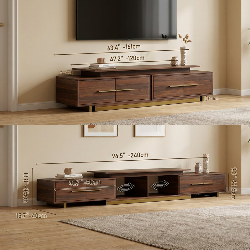 Mid-Century Modern Extendable Walnut TV Stand with Stainless Steel Base, 63.4"-94.5" Adjustable Media Console Fits Up to 100 Inch TV for Living Room