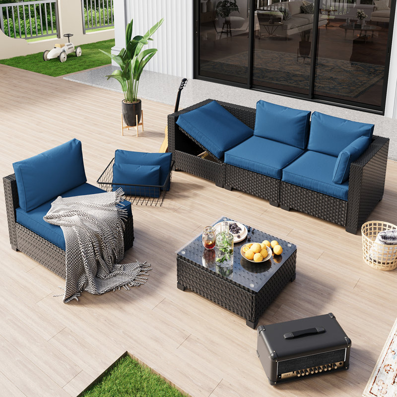Pre-Assembled Chairs, 4-Person Patio Furniture Set Rattan Outdoor Sectional Conversation Sofa Seating Group With Propane Fire Pit Table