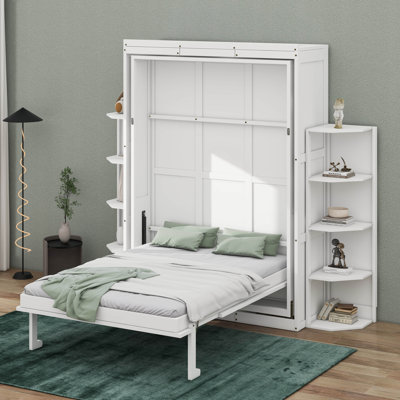 Grand lit escamotable avec bureau convertible, 2 tablettes latérales à 3 niveaux et supports de rangement supplémentaires, armoire murale pivotante en bois