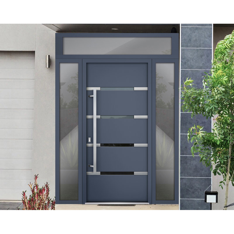 Porte avant en acier pré-suspendue à l'avant / deux graphite gris 1105/2 fenêtres extérieures latérales et supérieures / inserts en acier inoxydable peints modernes simples - l 14 + 36 + 14 po x H 80 + 16 po - Ouverture à droite