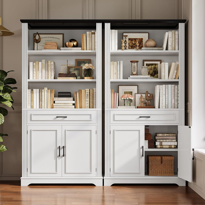 70 In Tall Bookshelf Farmhouse Bookcases With Doors And Drawer 6 Shelf Display Storage, White/Black