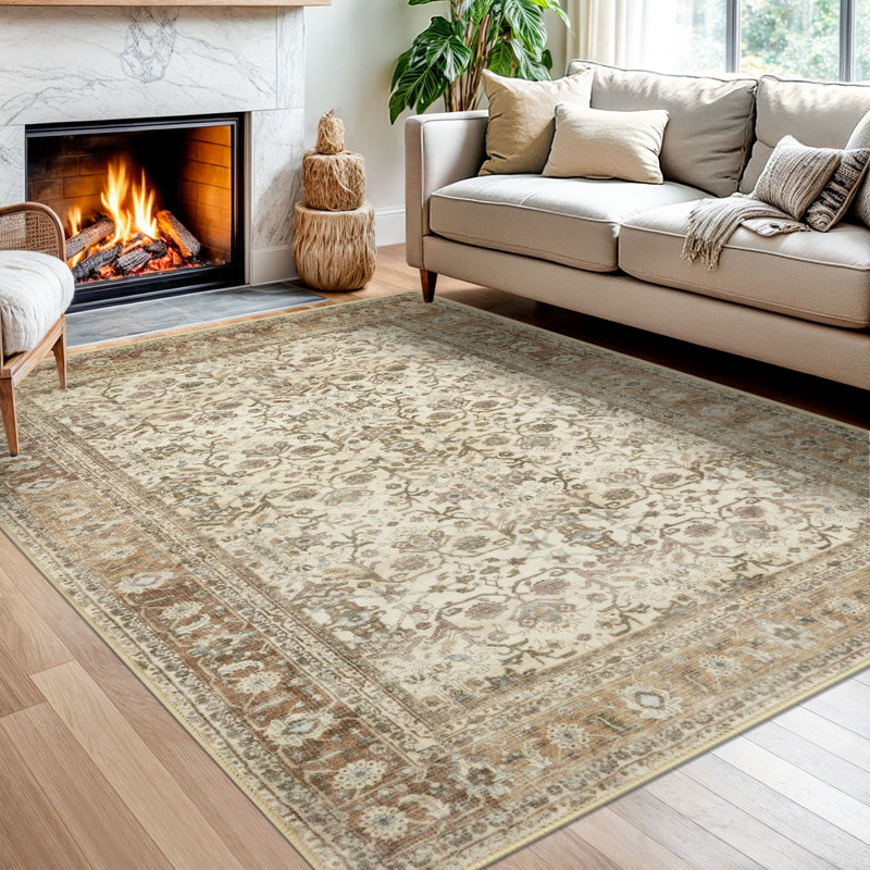 Tapis tribal à motif floral lavable à la machine avec envers antidérapant pour le salon de la chambre à coucher, Beige/brun
