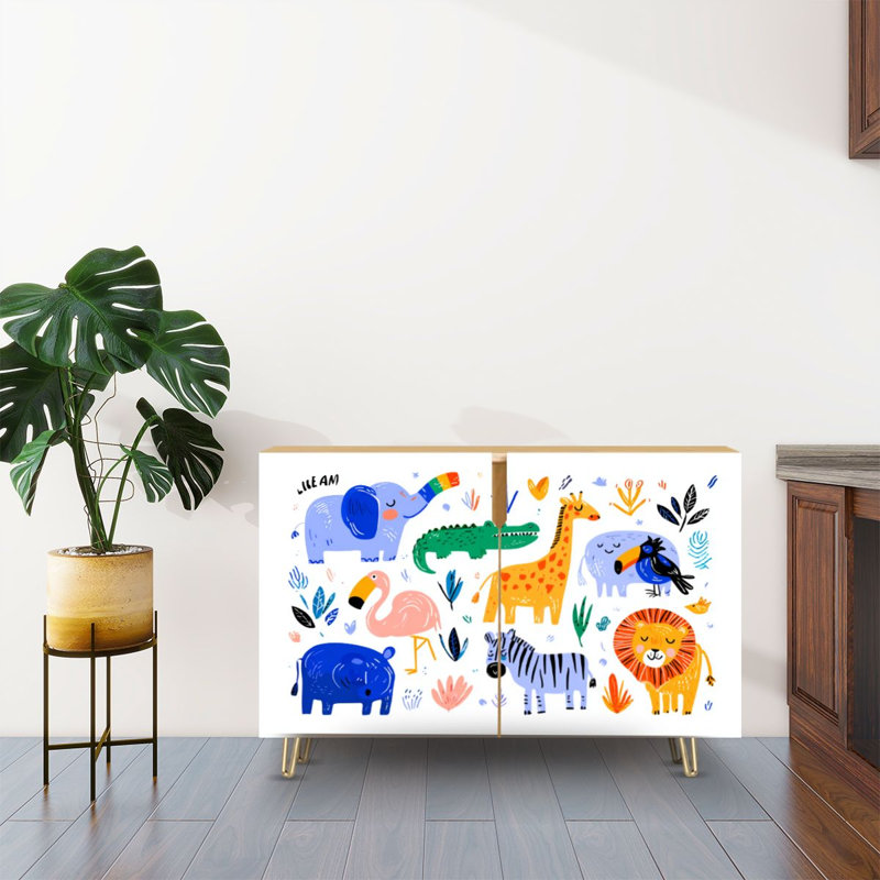 Sideboard Buffet Cabinet with Storage Cute seamless animals elephant dangerous with 2 Doors for Living Room and Kitchen