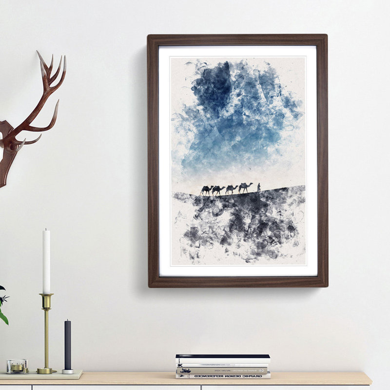 Camels Trekking In Morocco Watercolour - Picture Frame Graphic Art, 63cm H x 45cm W x 2cm D, Walnut Framed
