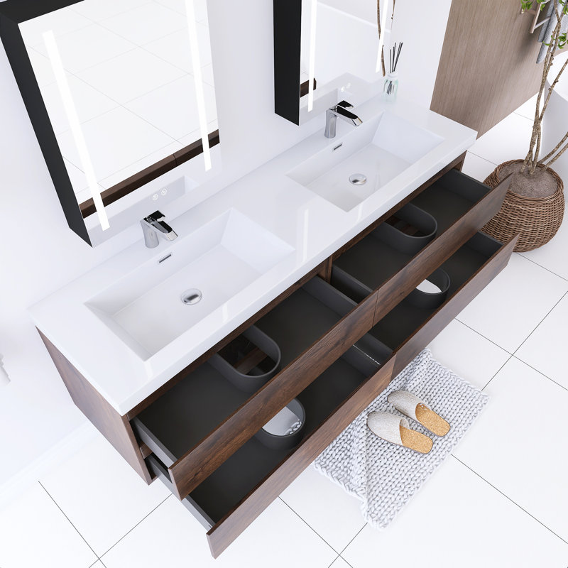 Ensemble de meuble-lavabo mural 71 po avec plateau en résine Reaiah, Palissandre