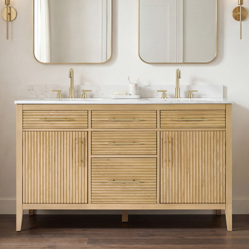  Felix 55" Fully Assembled Double Bathroom Vanity Set With Solid Surface White Granite Top and Backsplash