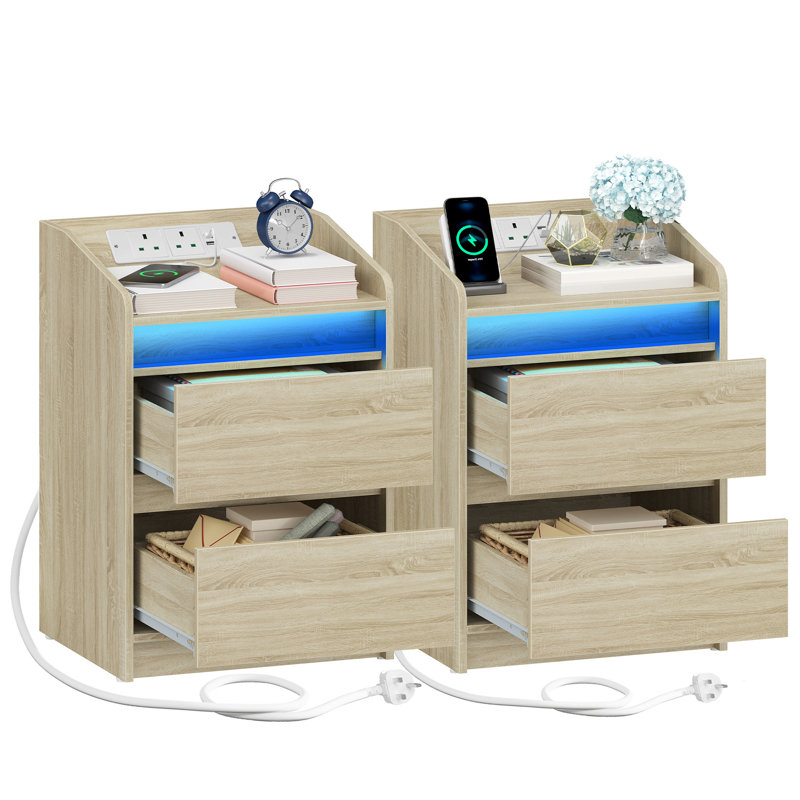 Bedside Table Set of 2 with LED Lights, Bedside Cabinet with Charging Station and 2 Drawers, Nightstand with USB Ports & Power Outlet for Living Room and Bedroom 