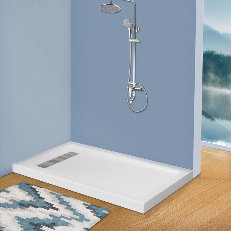 Base de douche rectangulaire de 60 po x P 36 po avec drain linéaire en acier inoxydable, installation réversible à seuil simple et double, bac de douche en acrylique antidérapant avec brides en aluminium détachables, certifié cUPC