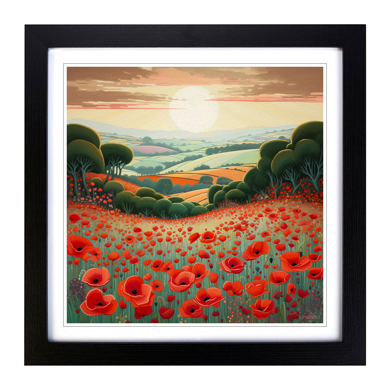 Poppy Field Deco No.2 - Single Picture Frame Print on Wood, Black