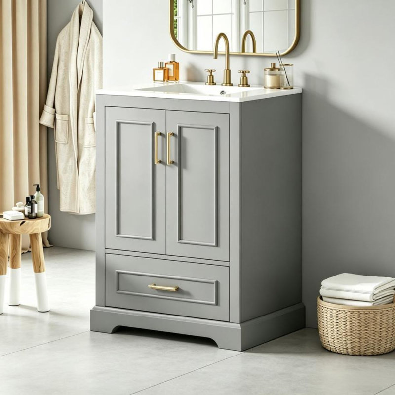 Meuble-lavabo autoportant en bois 24 po avec lavabo 24 po, 1 tiroir divisé, 2 portes à fermeture douce avec supports de rangement, gris